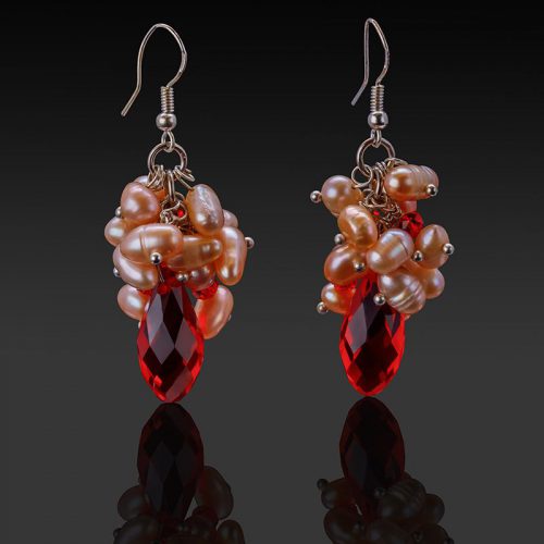 Pearls and red crystal cluster earrings