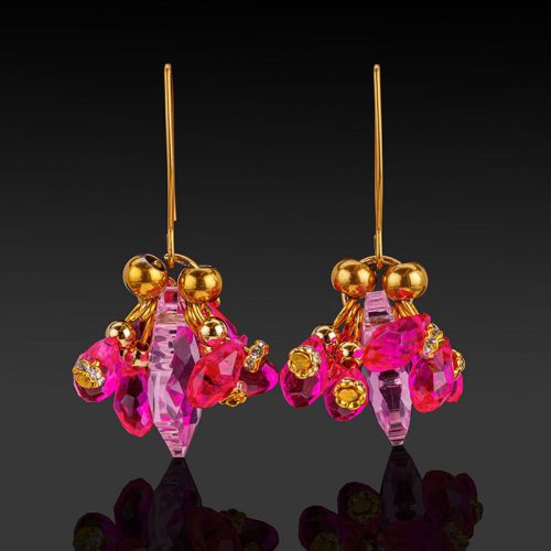 Pink and fuchsia crystal teardrops cluster earrings