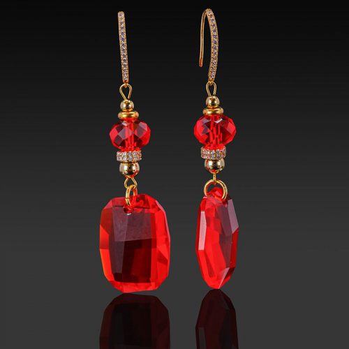 Red rectangular Swarovski crystal bead earrings